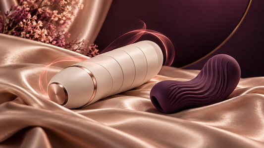 Automatic masturbator and manual stroker represented as sculptural adult-wellness objects on champagne satin