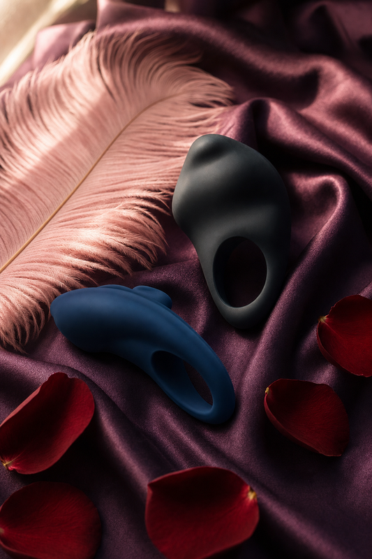 Editorial flat-lay of vibrating cock rings on aubergine silk with pink feather