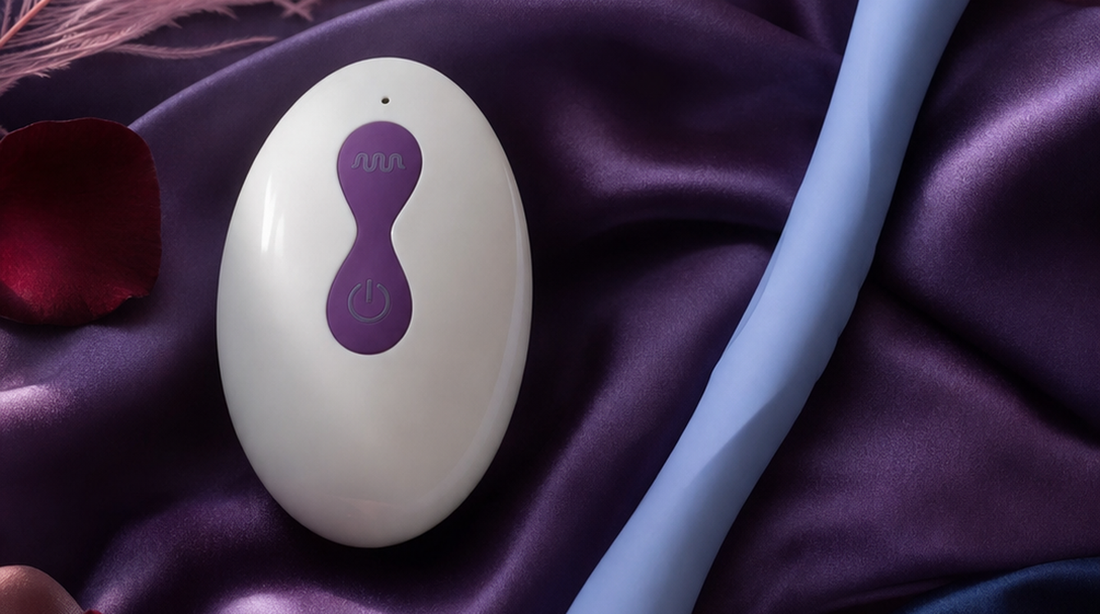 Editorial flat-lay featuring a wearable panty vibrator remote and couples toy on aubergine purple silk, pink feather and dark red rose petals