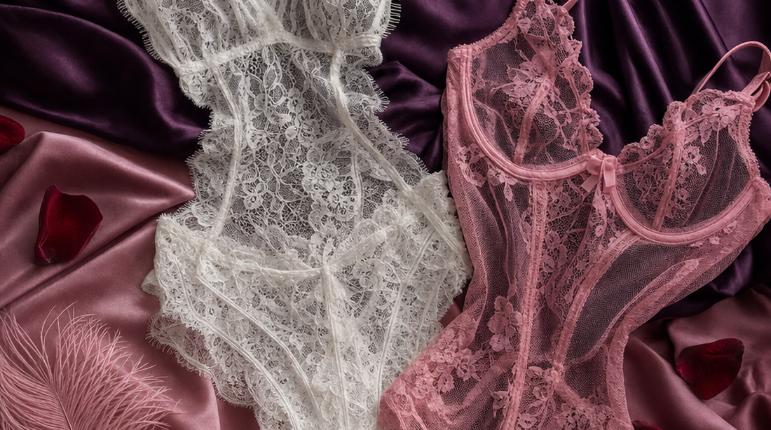 Editorial flat-lay featuring white eyelash lace romper and pink lace mesh teddy, purple silk, pink feather, rose petals