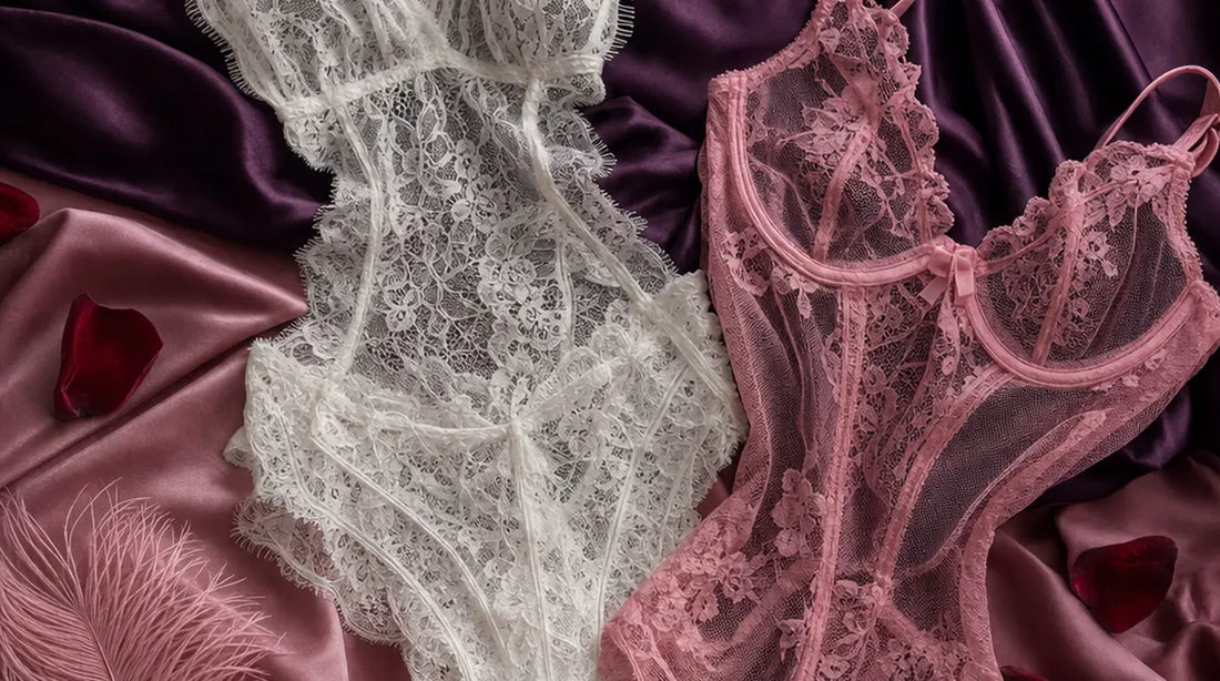Editorial flat-lay featuring white eyelash lace romper and pink lace mesh teddy, purple silk, pink feather, rose petals