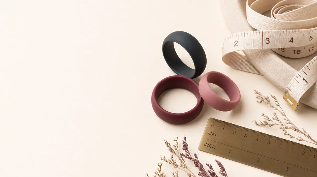 Cock ring sizing guide — silicone rings next to a ruler and measuring tape
