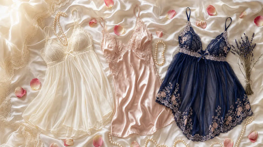 Babydolls and chemises lingerie laid on silk fabric with rose petals and pearls
