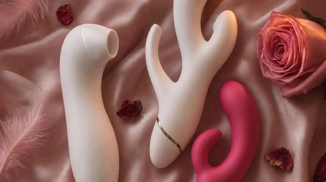 Three premium vibrators arranged on blush-pink satin with pink feathers, rose petals, and warm candlelight