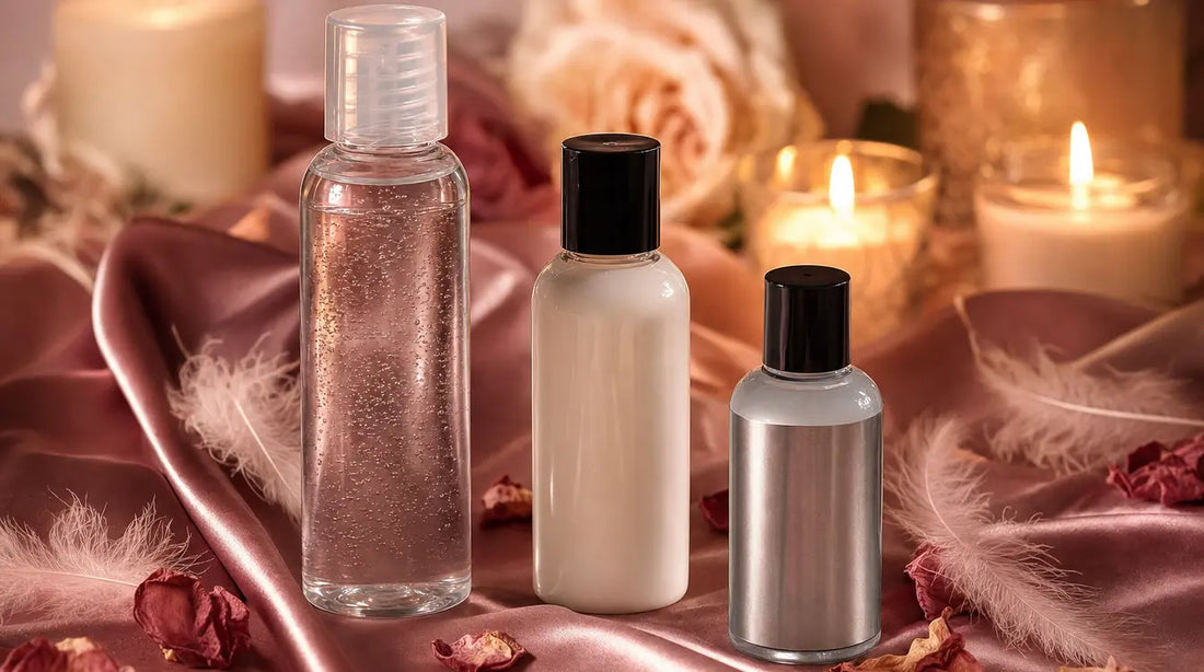 Three personal lubricant bottles arranged on dusty-rose pink satin fabric with soft white feathers and dried rose petals, lit by warm candlelight