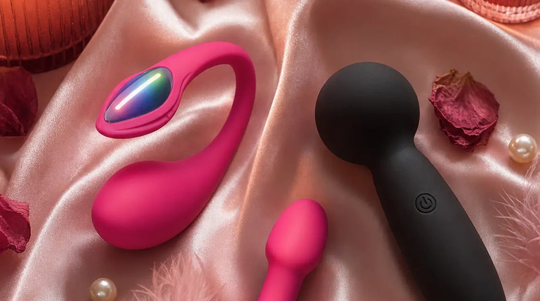 Compact travel-friendly vibrators arranged on blush pink silk satin with rose petals, pink feathers, and glowing candles