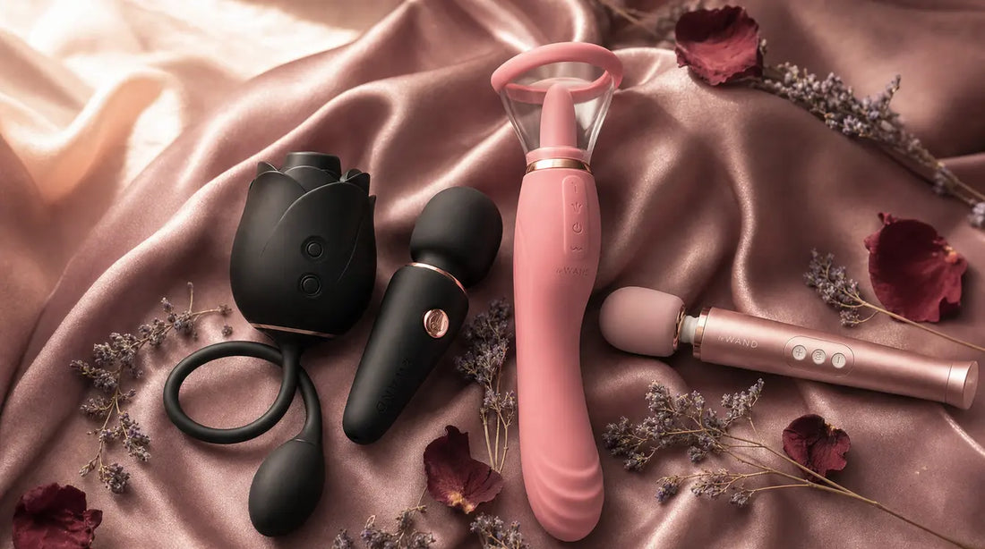 Quiet vibrators — Le Wand Mini Micro Wand, Le Wand Lick, Le Wand Petite, and Fifty Shades Dark Blushing Rose on dusty mauve silk with lavender and rose petals