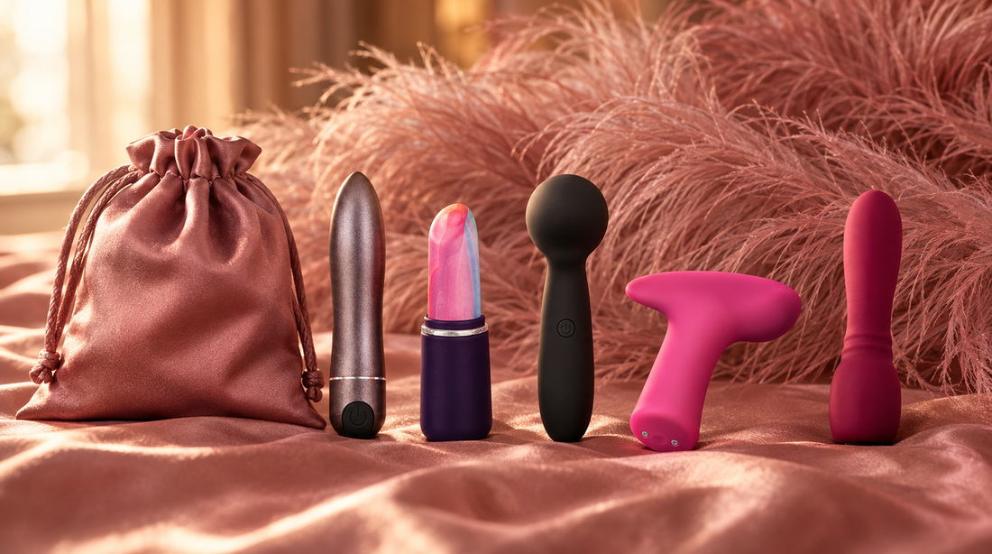 Five travel-size vibrators beside a rose silk pouch