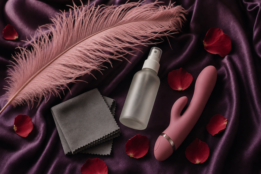 Editorial flat-lay of an unbranded frosted glass toy cleaner spray bottle, grey microfiber cloth, and rose-pink silicone toy on aubergine silk with pink ostrich feather and dark red rose petals