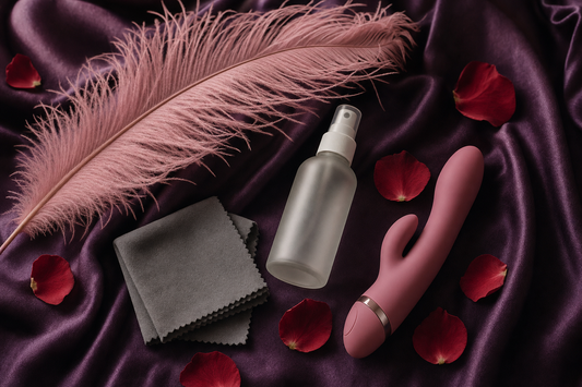 Editorial flat-lay of an unbranded frosted glass toy cleaner spray bottle, grey microfiber cloth, and rose-pink silicone toy on aubergine silk with pink ostrich feather and dark red rose petals