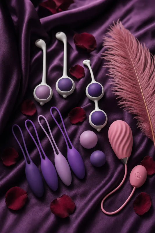 Editorial flat-lay of kegel balls and pelvic floor trainers on aubergine silk with pink feather