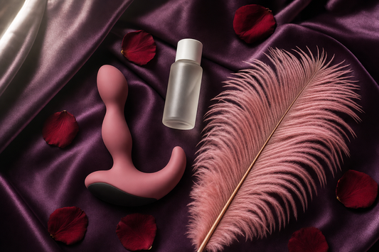 Editorial flat-lay of an unbranded ergonomic prostate massager and lubricant bottle on aubergine silk with pink feather