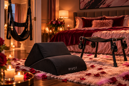 Romantic bedroom with a door swing, Pivot positioning cushion and Sei Mio positioning stool