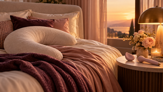 Warm rose and ivory bedroom with a maternity cushion and sculptural personal-care objects