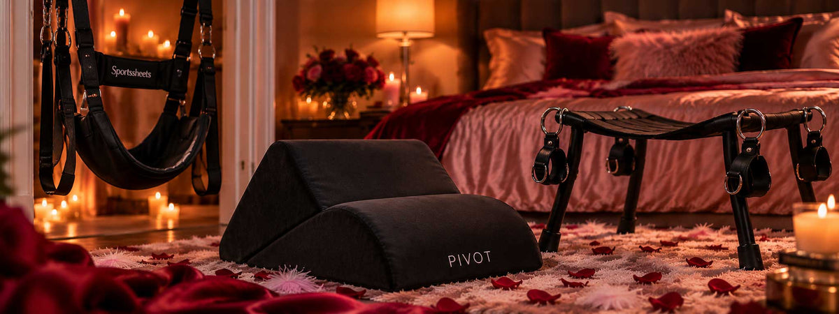 Romantic bedroom with a door swing, Pivot positioning cushion and Sei Mio positioning stool
