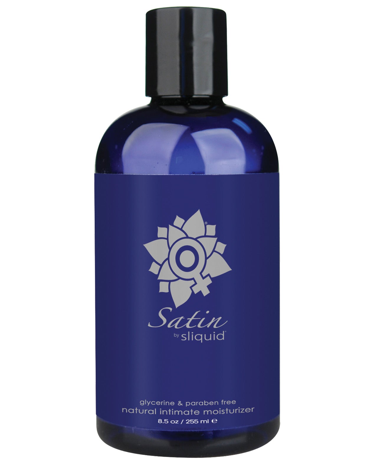 Bottle of Satin by Sliquid natural intimate moisturizer  and lubrication on a white background