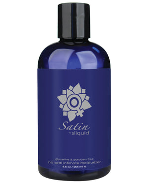 Bottle of Satin by Sliquid natural intimate moisturizer  and lubrication on a white background