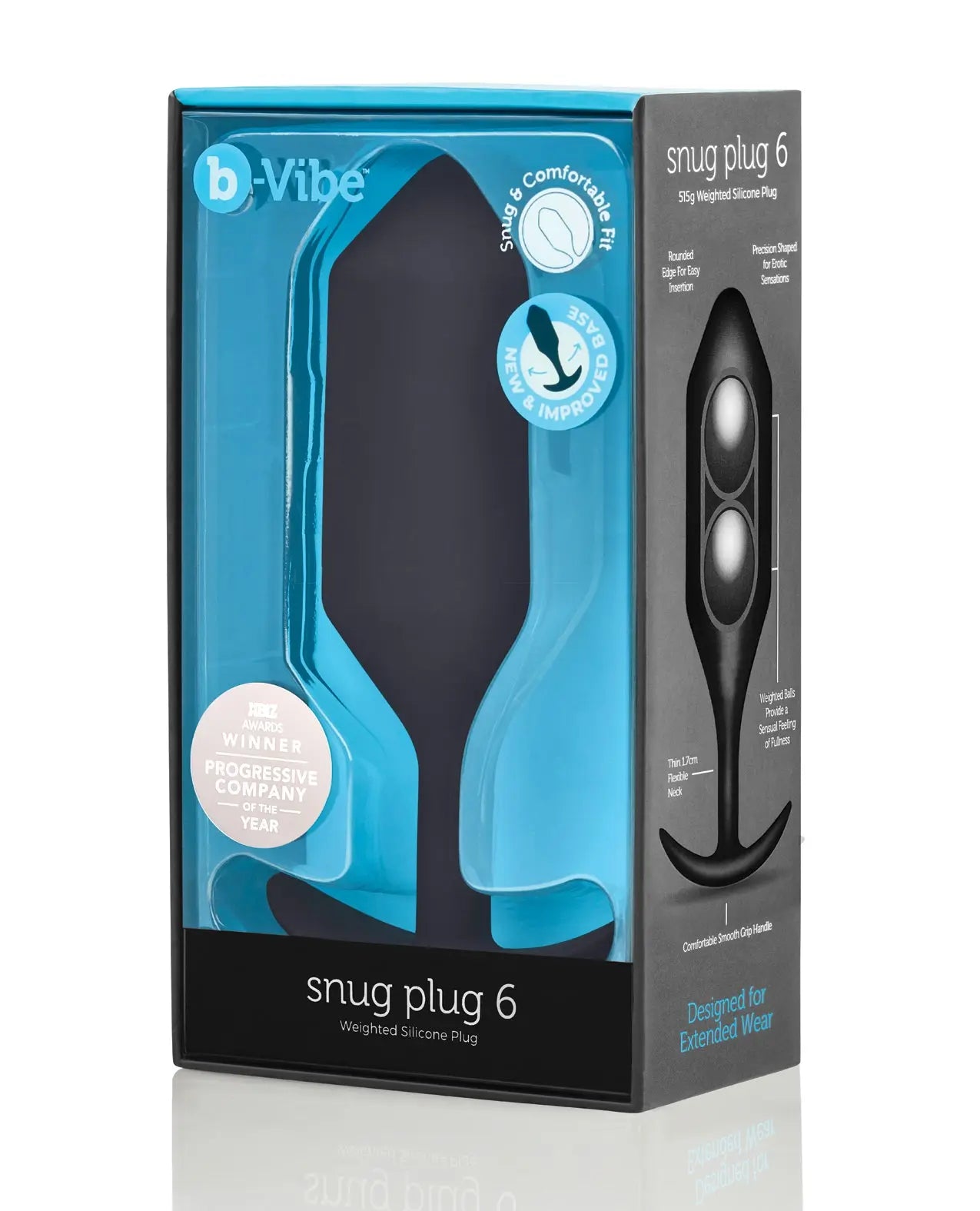 Boxed b-Vibe snug weighted anal plug product on a white background