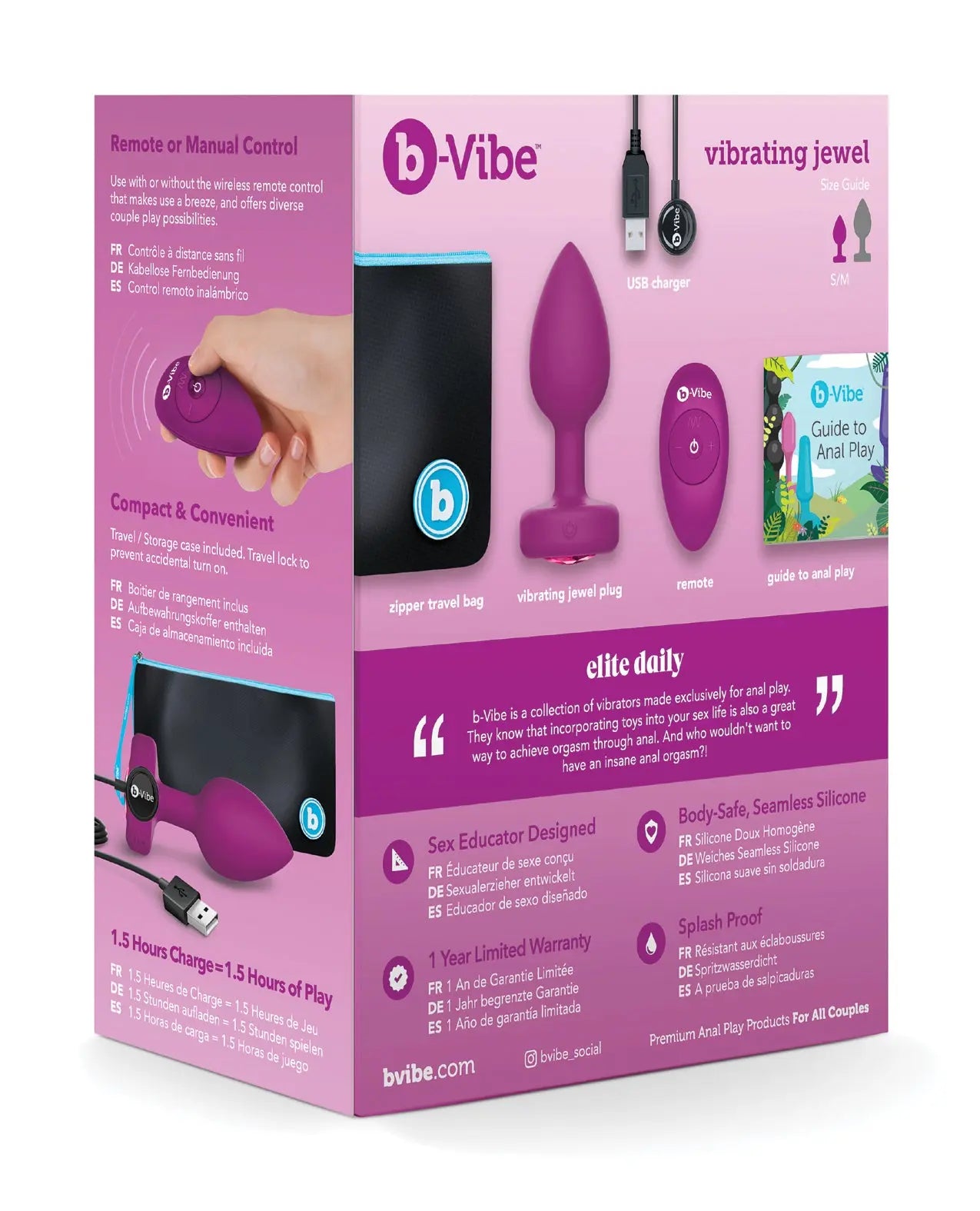 b-Vibe Remote Control Vibrating Jewel Plug (S/M) - Fuchsia b-vibe