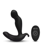 Black silicone prostate massager with remote control on a white background