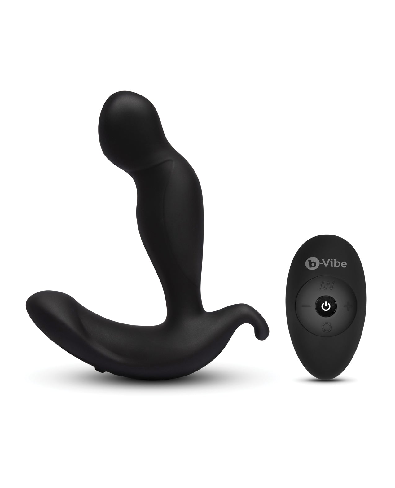 Black silicone prostate massager with remote control on a white background