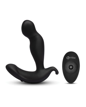 Black silicone prostate massager with remote control on a white background