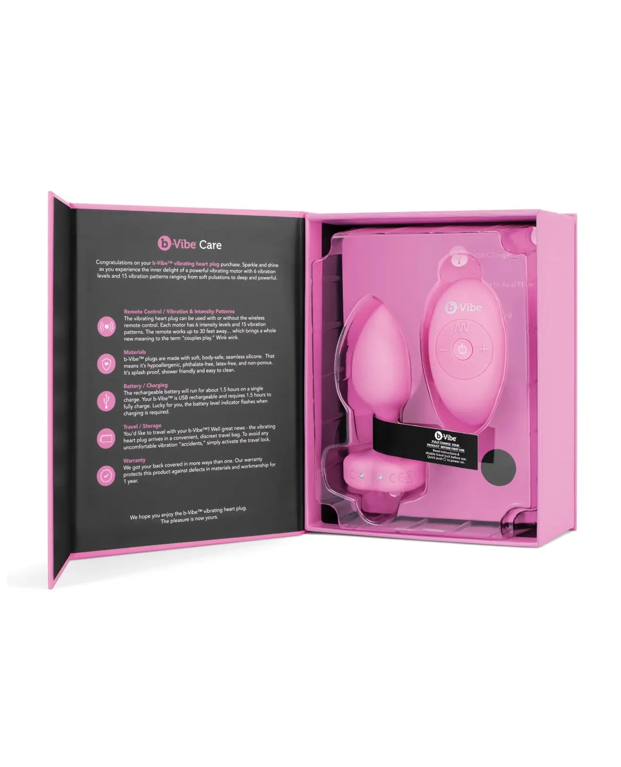 Pink Vibe Care anal plug product in a pink box with black interior