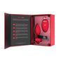 Red electronic anal plug device in a open box with Vibe Care branding on a white background
