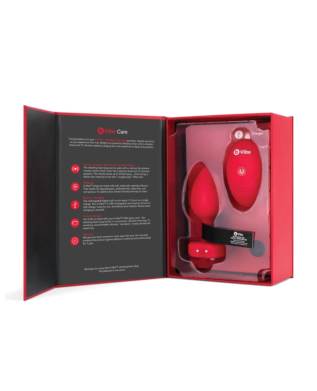 Red electronic anal plug device in a open box with Vibe Care branding on a white background