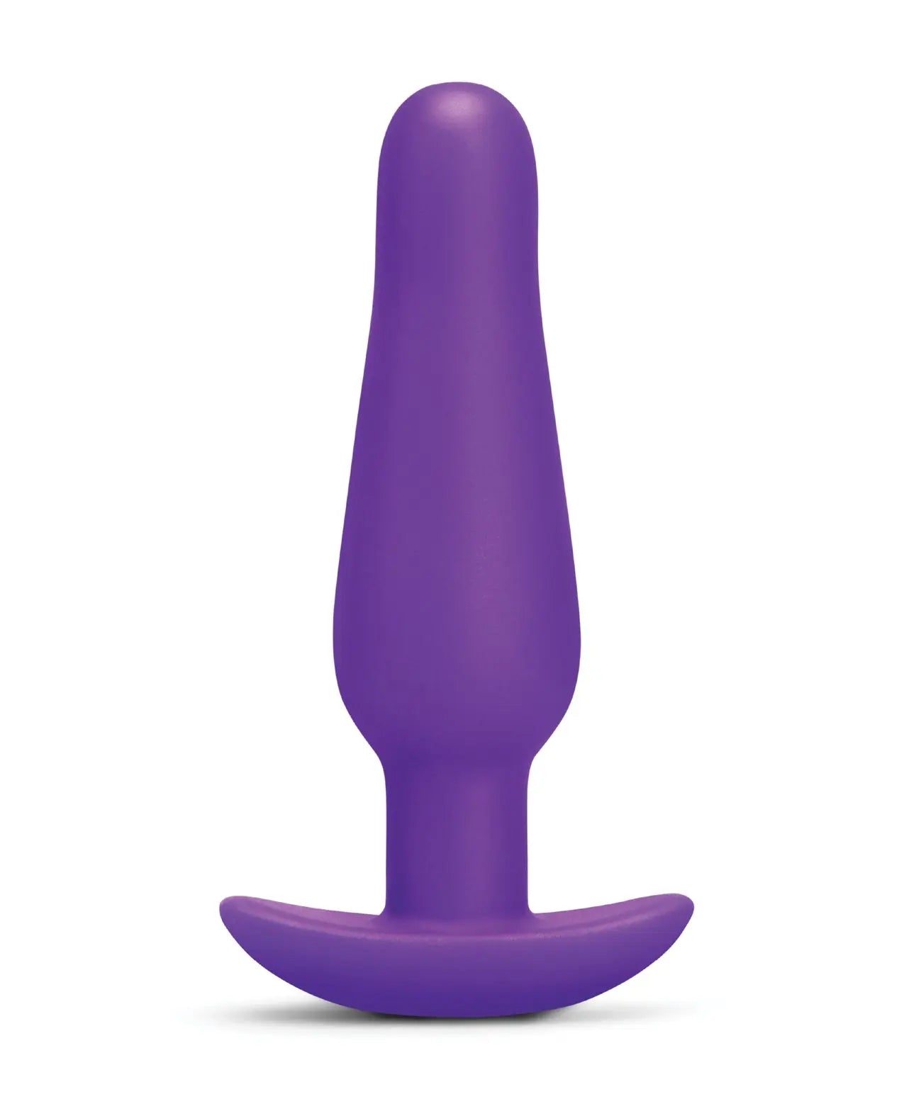 Purple silicone butt plug on a white background
