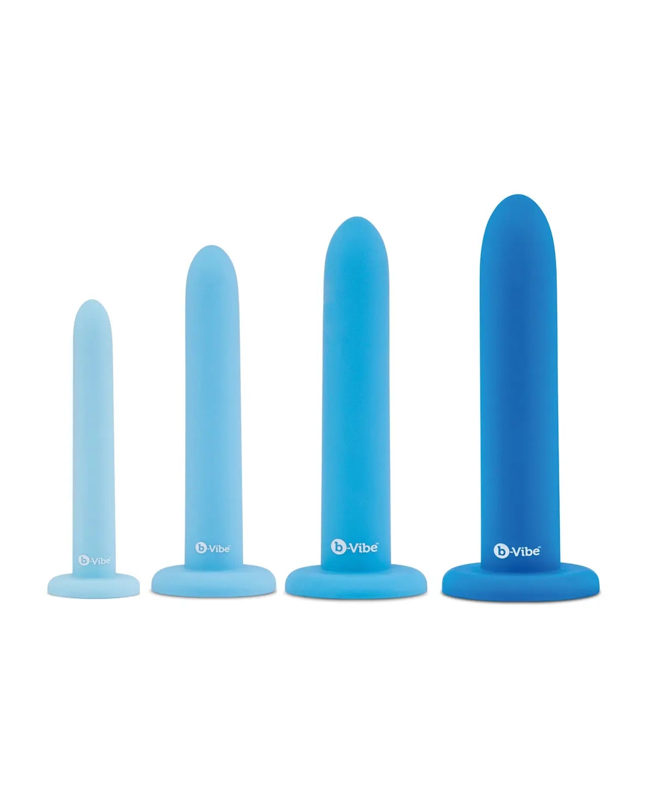 Set of blue silicone b-Vibe Silicone Anal Training Dilator Set on a white background