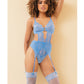 Coquette Scallop Stretch Lace & Sheer Mesh Teddy with Front V Cut Out Blue LG