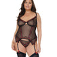 Coquette Mesh Underwire Garterbelt Bustier with G-String Black 1X/2X