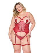 Coquette Metallic Stretch Scallop Lace and Mesh Bustier with Thong - Red 1X/2X Coquette