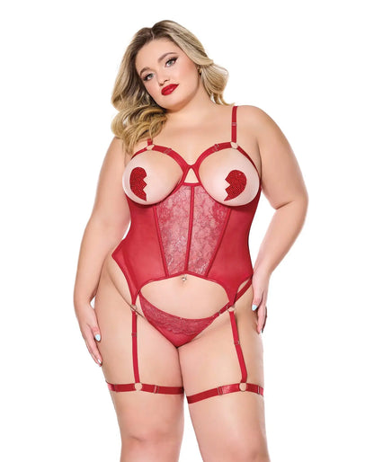 Coquette Metallic Stretch Scallop Lace and Mesh Bustier with Thong - Red 1X/2X Coquette