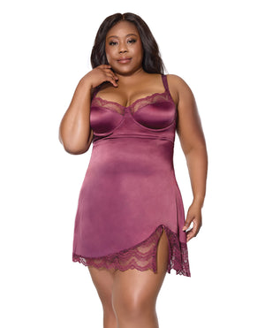 Coquette Scallop Lace Trimmed Stretch Satin Chemise with Underwire Cups | Mauve Plum 3X/4X