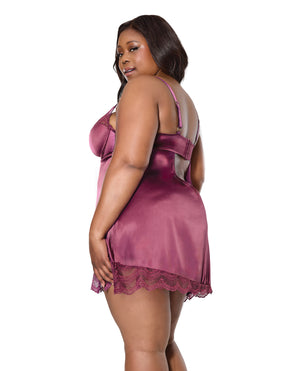 Coquette Scallop Lace Trimmed Stretch Satin Chemise with Underwire Cups | Mauve Plum 3X/4X