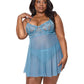 Coquette Floral Lace and Mesh Babydoll with Underwire Cups & High-Waist Thong 2 pc Set | Blue 3X/4X