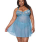 Coquette Floral Lace and Mesh Babydoll with Underwire Cups & High-Waist Thong 2 pc Set | Blue 3X/4X Coquette