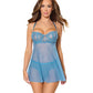 Coquette Floral Lace and Mesh Babydoll with Underwire Cups & High-Waist Thong 2 pc Set | Blue XL