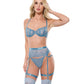 Coquette Floral Lace with Gold Hardware Underwire Bra with Garter & Thong 3 pc Set | Blue MD