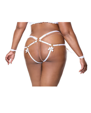 Coquette Satin Ribbon with Elastic Harness & Cuffs Set - White/Gold QN