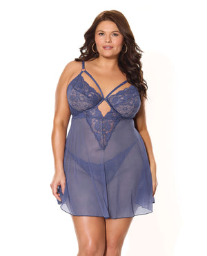 Coquette Twilight Fever Lace & Mesh Babydoll with G-String - Navy 3X/4X
