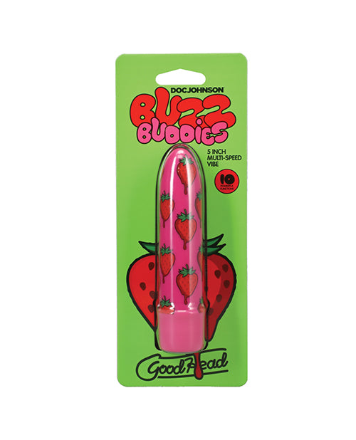 GoodHead Buzz Buddies 5 inch vibe in Strawberries design shown on its retail blister-card packaging