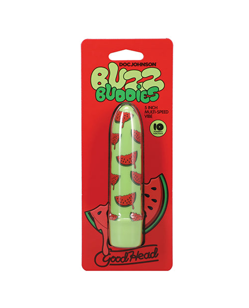 GoodHead Buzz Buddies 5 inch vibe in Watermelon design shown on its retail blister-card packaging