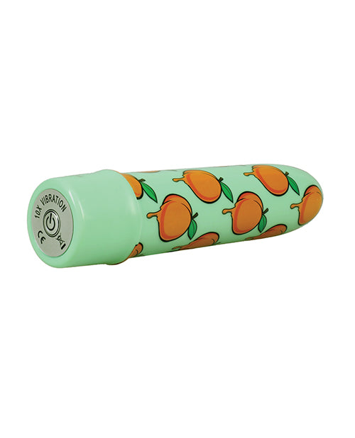 GoodHead Buzz Buddies 5 inch vibe in Peaches design, close-up of base end showing push-button vibration control