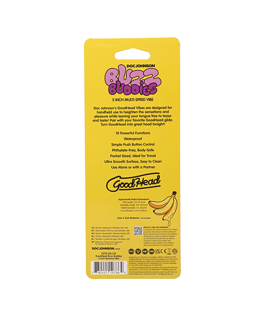 GoodHead Buzz Buddies 5 inch vibe in Bananas design, shown on its retail blister-card packaging back panel listing features