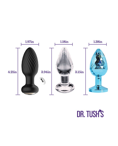 Dr. Tush's Venture Collection Medium anal plug set dimension chart showing size measurements for each plug material
