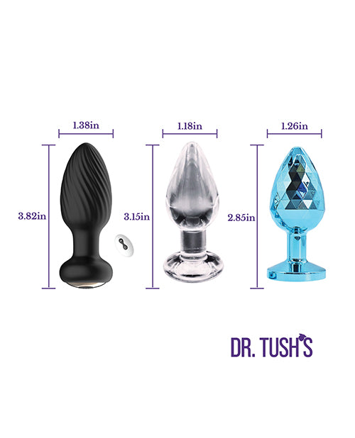 Dr. Tush's Venture Collection Small anal plug set dimension chart showing size measurements for each plug material