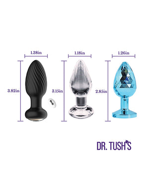 Dr. Tush's Venture Collection Small anal plug set dimension chart showing size measurements for each plug material